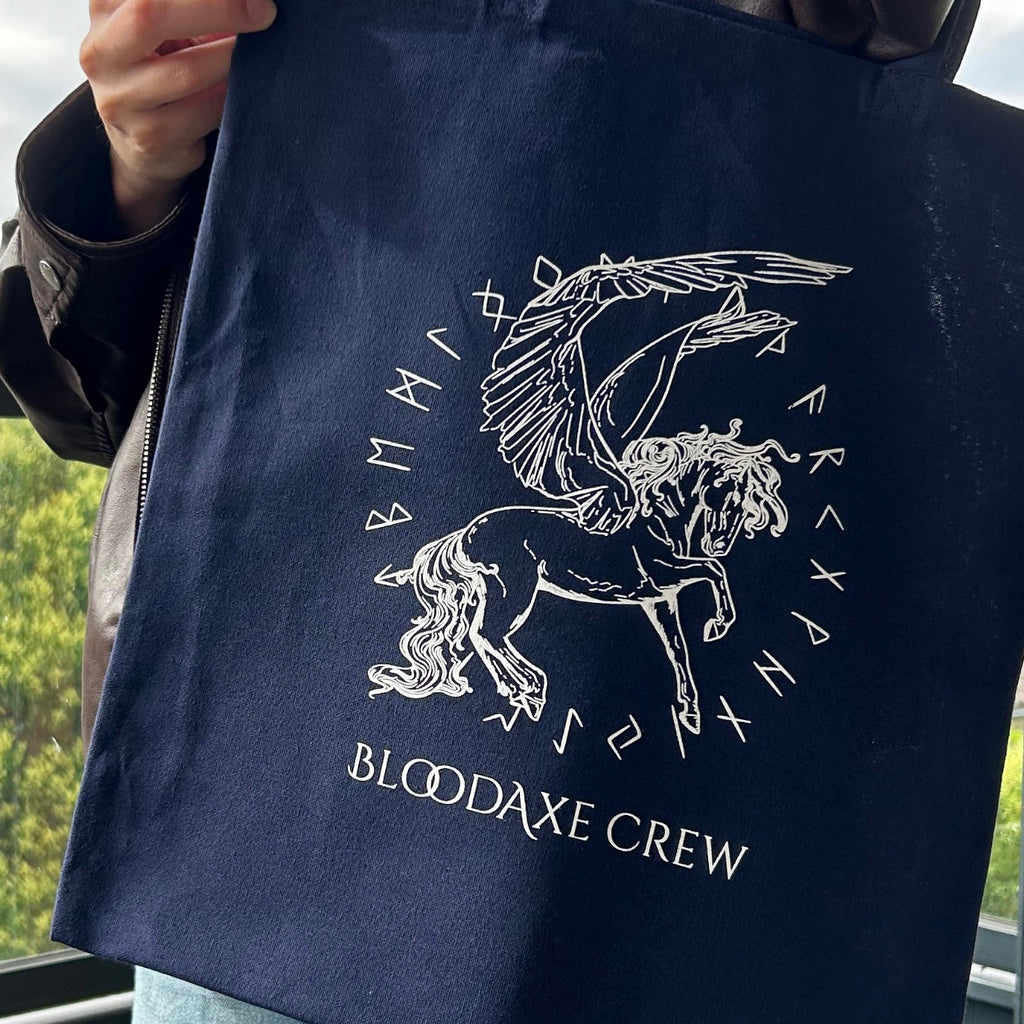 Main tenant le sac cabas Pégase bleu marine devant une fenêtre, le tracé blanc bien lisible