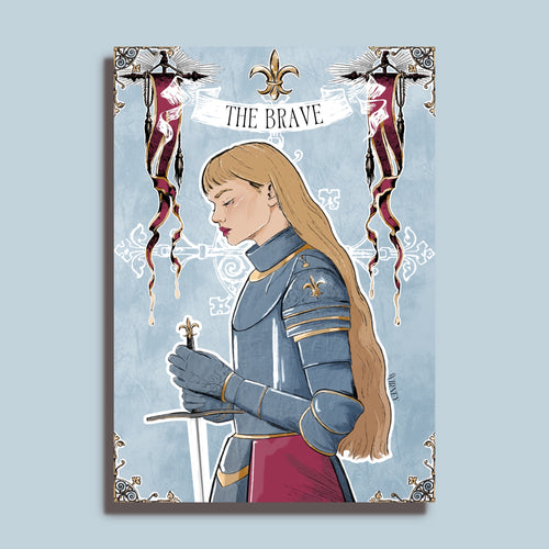 Tirage The Brave, jeune femme en armure tenant une épée, bannières et fleur de lys sur fond bleu
