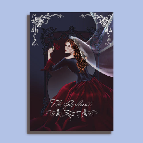 Tirage The Resilient, femme rousse en jupe rouge tenant une rose devant un miroir sombre