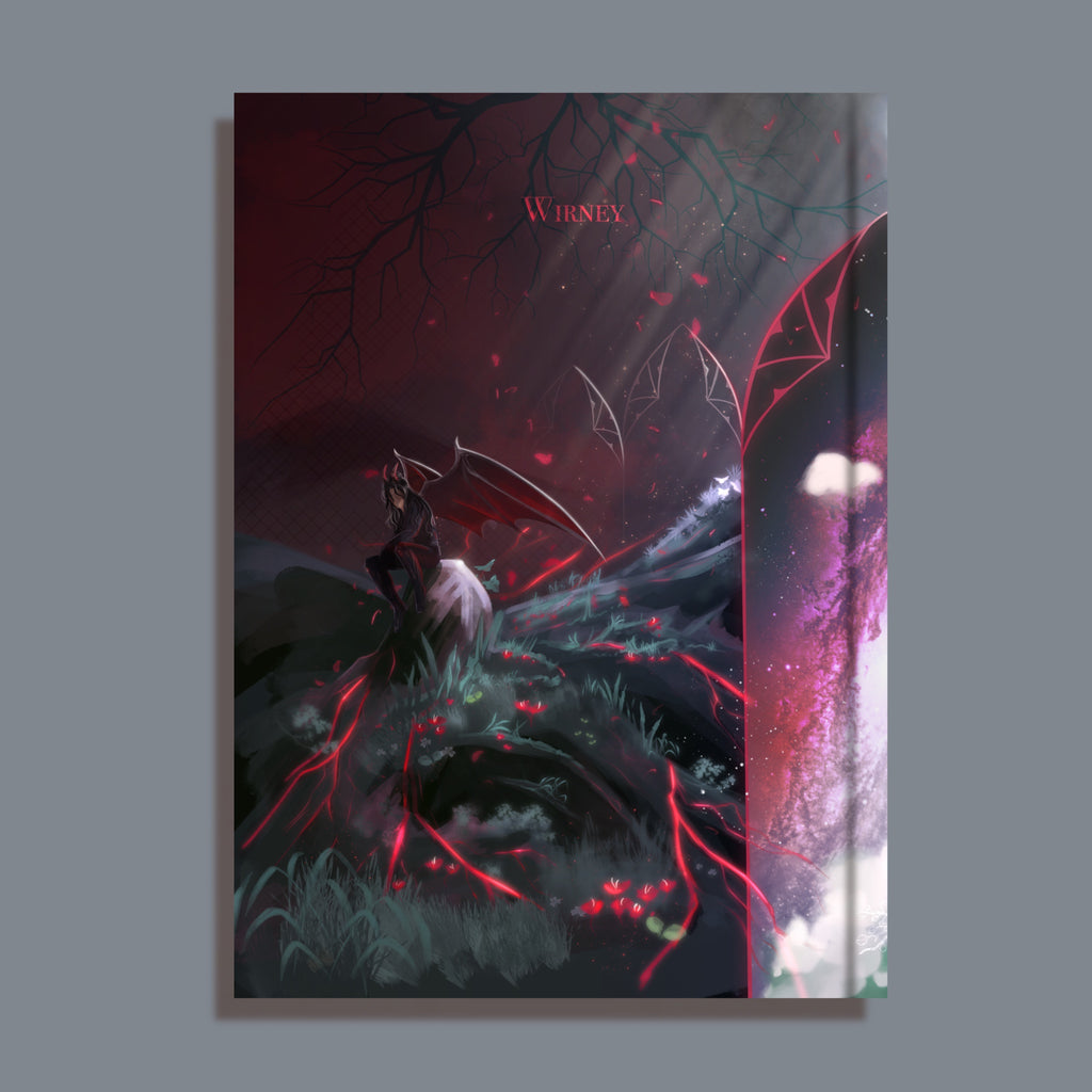Face démon du carnet, silhouette cornue et ailée dans un paysage rouge sombre parsemé de pétales