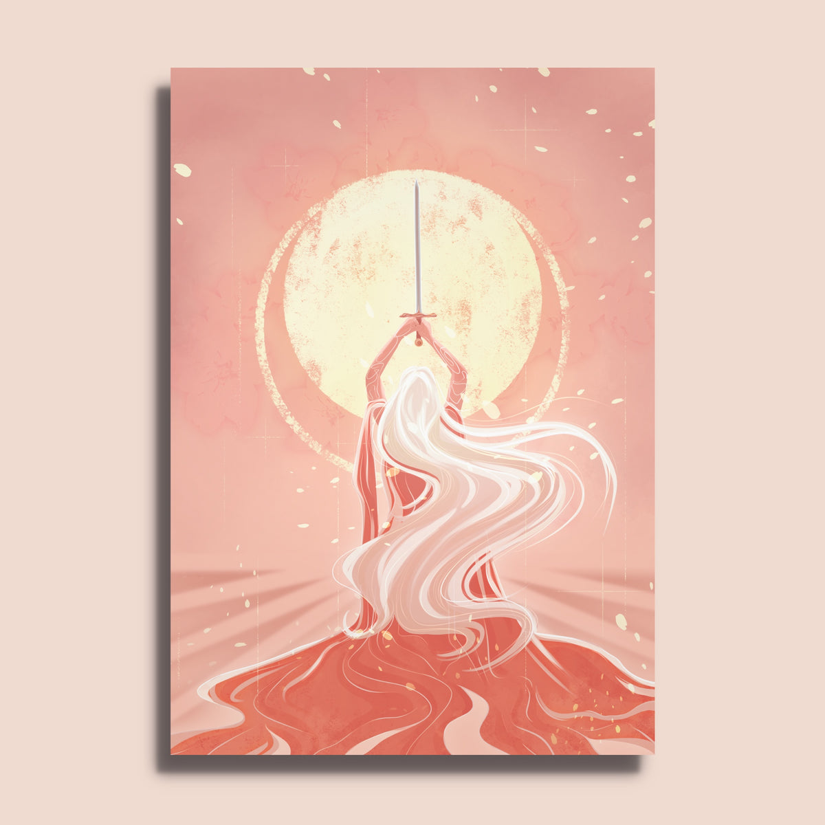 Tirage rose corail, femme de dos aux cheveux blancs levant une épée vers une lune pâle