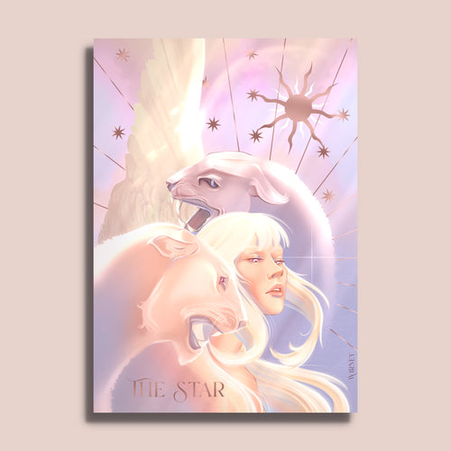 The Star : une femme aux longs cheveux blonds et deux lionnes blanches, soleil et étoiles cuivrés, tons pastel rosés