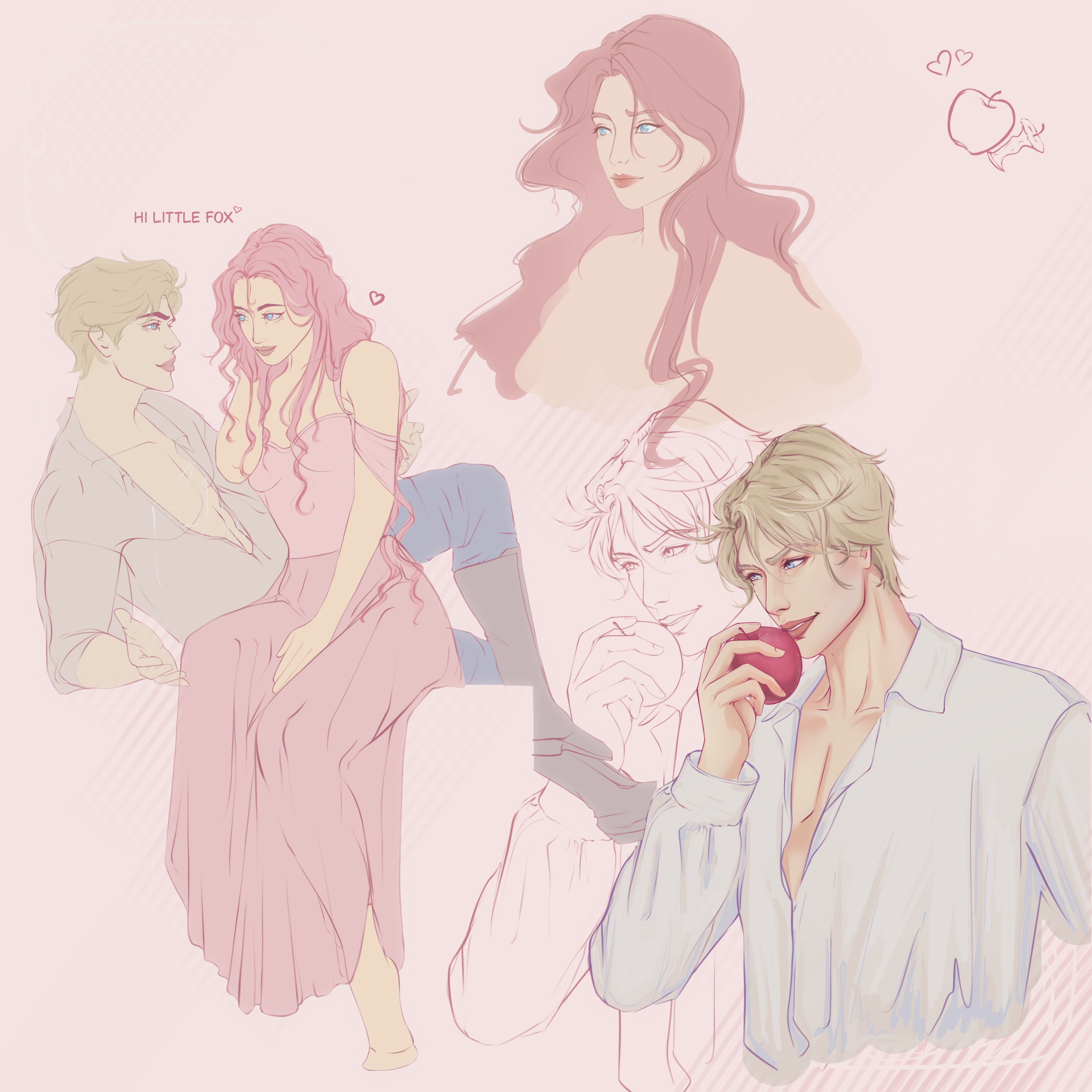 Planche de croquis rose, études d'une femme aux cheveux roses et d'un homme blond croquant une pomme